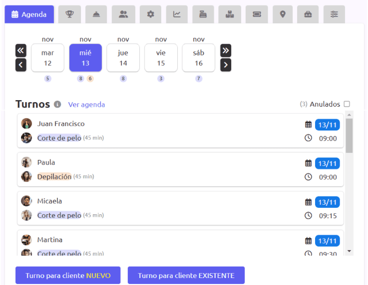 Agenda real de TuTurno con los turnos del día, los servicios y los horarios de atención